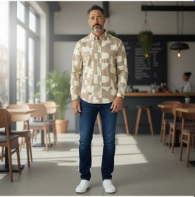 Resim Slim Fit Pamuklu Uzun Kollu Cepsiz Gömlek Slim Fit Kalıp Bej 