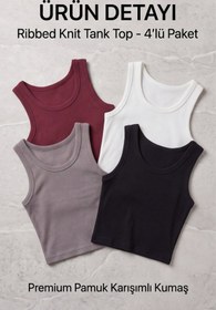 Resim Premium Fitilli Pamuklu Esnek Kumaş Kadın 4lü Crop Set - U Yakalı Spor ve Şık Basic Bluz Seti - Yumuşak Dokulu Slim Fit Yazlık Üst Set 