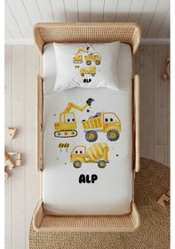 Resim %100 Pamuk Saten İsme Özel İsimli 100x200 Tek Kişilik Lastikli Çarşaf Seti Kamyonlar Beyaz 