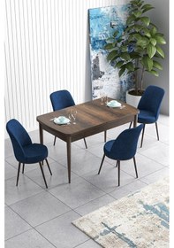 Resim Canisa Han Serisi, Barok Ahşap Desen 70x114 Açılabilir Mdf Yemek Masası Takımı, 4 Lacivert Sandalye Masa Barok Sandalyeler Lacivert 