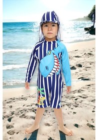 Resim Lolliboomkids Yeni Sezon Renk Bloklu Güneş Koruma Şapka Dahil Uzun Kol Sırt Fermuarlı Hassas Ten Mayo Mavi 