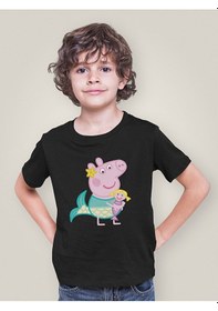 Resim Sevbano Unisex Peppa Pig Baskılı Çizgi Film Çocuk Tişört 1-12 Yaş Siyah 