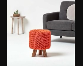 Resim El Örgüsü Yuvarlak Tabure, 42 cm Yükseklik, Turuncu Pamuklu Kumaş, 3 Ahşap Ayaklı 
