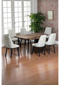 Resim Sonata Ceviz 80 X 132 Açılabilen Mdf Masa Siyah Metal Ayaklı Mutfak Masası 6 Krem Sandalye Krem 