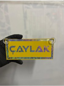 Resim Sarı Renk Üzeri Hologram Renk Çaylak Yazılı Vantuzlu Cam Süsü 