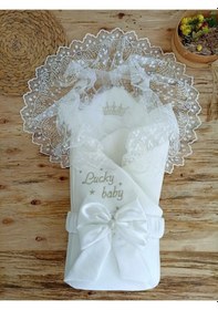Resim Yenidoğan Hediyelik Bebek Kundağı Unisex Bebek Dış Kundak Hastane Çıkışı Bebek Battaniye Oyun Matı Ekru 