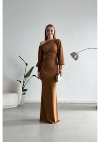 Resim Zedefx Kadın Tek Omuz Açık Maxi Elbise Kahverengi 