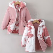 Resim Kız Çocuk Kışlık Sıcak Kapüşonlu Mont, Tam Fermuarlı ve Tam Fermuarlı Ön Kısım - Yumuşak Pembe ve Suni Kürk Görünümlü Dokulu, Kalınlaştırılmış Uzun Kollu Dış Giyim 