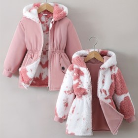 Resim Kız Çocuk Kışlık Sıcak Kapüşonlu Mont, Tam Fermuarlı ve Tam Fermuarlı Ön Kısım - Yumuşak Pembe ve Suni Kürk Görünümlü Dokulu, Kalınlaştırılmış Uzun Kollu Dış Giyim 
