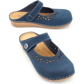 Resim Gezer Yazlık Kadın İç Tabanı Hakiki Deri Cırt Cırtlı Terlik Lacivert 