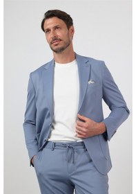 Resim İmza Mavi Kendinden Desenli Mono Yaka 6 Drop Slim Fit Takım Elbise 1001260165 