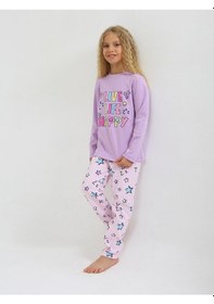 Resim Kız Çocuk Uzun Kollu %100 Pamuklu Pijama Takımı Happy Life Lila 