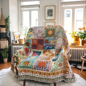 Resim Bohemian Geometrik Patchwork Koltuk Örtüsü - Canlı Karışık Renkler, Püskül Kenarları, Kamp, Yatak ve Kanepe için Her Mevsim Kullanımına Uygun, Makinede Yıkanabilir Yüksek Hassasiyetli Jakar Kumaş, Boho Şık Dekor, Kolay Bakım Kumaşı 