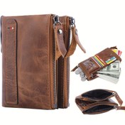Resim Erkek Vintage Crazy Horse Deri Cüzdan | Çoklu Bölme Sığır Derisi Bifold Zip Kapatma | Yumuşak Yağ Balmumu Kaplama | Güvenli Para, Kart ve Nakit Yuvaları | Güçlü ve Şık Günlük Kullanım Aksesuarı 
