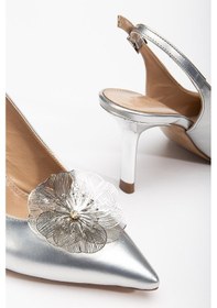 Resim Dilimler Ayakkabı Kadın Abiye Stiletto Gümüş Rugan Metal Çiçek Aksesuarlı Galvaniz Ökçe Kaplamalı-3672 Gümüş 