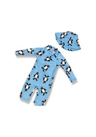 Resim Lolliboomkids Unisex Bebek - Çocuk Tam Vücut Koruma Hassas Ten Penguen Desen Mayo + Şapka Mavi 
