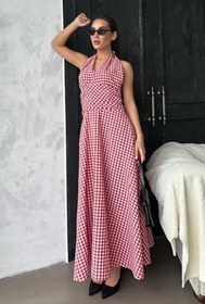 Resim Madmext Mavi Ekoseli Midi Boy Kadın Elbise Mg2350 