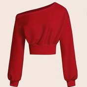 Resim 1 adet Kadınlar için Düz Renk Asimetrik Yaka Kırpma Üst, Rahat Polyester Örgü Kumaş, Bahar/Sonbahar için Moda Spor Sweatshirt 