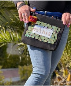 Resim Pul Payetli Paris Siyah Aplikeli Ponponlu Portföy Clutch El Ve Makyaj Çantası 29x26 Cm Renkli 