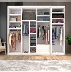 Resim Sürgülü Gardırop İki Taraflı Boydan Kapaklı Orta Sürgülü Dolap 60+140+60 Cm Parlak Beyaz + Ud 