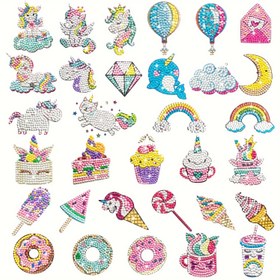 Resim 8'li Paket Karikatür Unicorn ve Lezzetler Elmas Sanat Sticker Setleri, Elmas Boyama Mozaik Etiketler için Kendin Yap Elmas Boyama Mozaik Etiketler, Elmaslarla Süsleme, Fantastik Unicorn, Dondurma ve Tatlı Lezzet Tasarımlarıyla Çeşitli Düzensiz Şekilli Elmaslar 