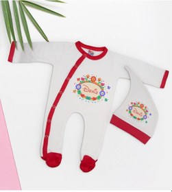Resim Bk Kids Kişiye Özel Çiçek Tasarımlı Kırmızı Tulum Zıbın Ve Kukuletalı Şapka Seti-5 Çok Renkli 