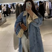 Resim 1pc STLT Kadınlar İçin Casual Uzun Kollu Kot Ceket, Sherpa Astarlı, Kalın Isıtılmış Dış Giyim, Düz Renk, Düğme Detayı, Esnek Olmayan Kumaş, Dokuma, Sonbahar/Kış için 