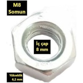 Resim M8 Somun İç Çap 8 Mm, Dış İki Köşe 13 Mm, Yükseklik 6,2 Mm - 50 Adet 