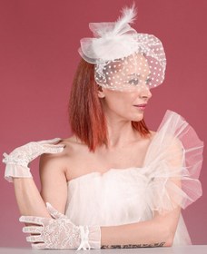 Resim Puantiyeli Gelin Kepi Nikah Şapkası Ve Dantelli Gelin Eldiveni Kombin Set 