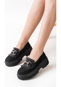 Resim 749-750 Siyah Süet Tokalı Günlük Yüksek Tabanlı Loafer Ayakkabı Beyaz 