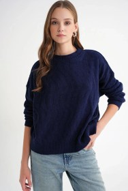 Resim Mixray 6947 Kadın Kendinden Desenli Oversize Triko Kazak Lacivert 