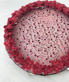 Resim ZEYMERADE Bordo Gelin Tefi 32cm Çiçek Pul Payet Parlak Taşlı Düğün Kına Nedime Bride Parti Defi 