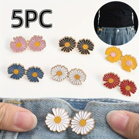 Resim 5 Adet Ayarlanabilir Papatya Bel Düğmeleri - Dikişsiz Çıkarılabilir Metal Klipsler, Pantolon ve Etek Kemerleri için 10+ Renk Seçeneği (Beyaz/Siyah), Etek Boyutu Ayarı, Çiçek Desenli Düğme Detaylı 