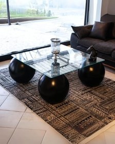Resim Modern Orta Sehpa & Küre Sehpa & Top Sehpa & Şeffaf Kare Cam & Siyah Top 
