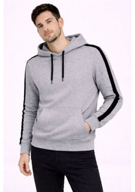 Resim Erkek Şeritli Kapüşonlu Sweatshirt Oversize 3 İplik Pamuklu - Gri 