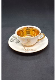 Resim Kerafina Porzellan Türk Kahve Boyu Vintage Kahve Fincanı 2 Parça 90 Ml Sarı - Altın 