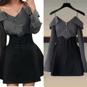 Resim Kadın Yaz 2 Parça Set Sokak Modası Y2K Çıkarılmış Boyun Ruffle Patchwork Omuz Üstü Uzun Kollu Gömlekler + Yüksek Bel Dantel Bağcıklı A-Line Mini Etek Setleri 2025 Yeni Kadın Giyim 2 Parça 