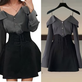 Resim Kadın Yaz 2 Parça Set Sokak Modası Y2K Çıkarılmış Boyun Ruffle Patchwork Omuz Üstü Uzun Kollu Gömlekler + Yüksek Bel Dantel Bağcıklı A-Line Mini Etek Setleri 2025 Yeni Kadın Giyim 2 Parça 