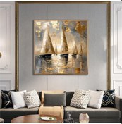 Resim Yağlı Boya Dokulu Tablo Modern Denizde Yelkenliler Altın Çerçeveli U06035-179000 