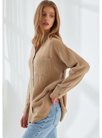 Resim Mixray 3833 Kadın Oversize Cepli Müslin Gömlek Vizon 