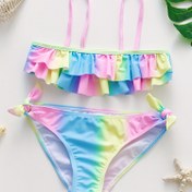 Resim 3~12 Yaş Kız Çocukları için Moda Mayo Gökkuşağı Gradyan Pileli Dantel Kenarlı Çocuk Moda Mayo Kız Bikini Takımı 