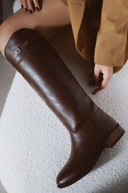 Resim POLKA STORE Daily Düz Tabanlı Tak-Çıkar Kemerli Tokalı Binici Çizme Kadın Ayakkabı Acı Kahverengi 