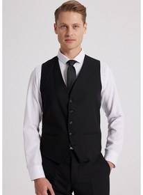 Resim D's Damat Ds Damat Slim Fit Siyah Mono Yaka Tek Yırtmaçlı Astarlı Takim Elbise Yelekli 4HFY5ORT01599 Siyah 