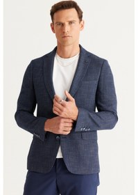 Resim AC&Co / Altınyıldız Classics Erkek Lacivert-beyaz Slim Fit Dar Kesim Mono Yaka Desenli Ceket Beyaz - Lacivert 