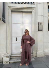 Resim Bonacosa Kadın Viskon 3 Lü Takım Kimono + Beli Lastikli Salaş Pantolon + Kısa Kol Tshirt 8 Renk Kahverengi 