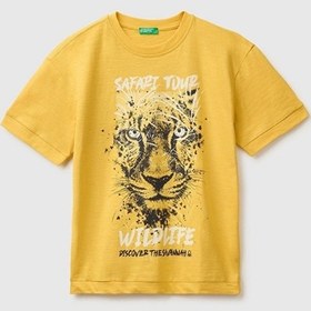 Resim United Colors Of Benetton Erkek Çocuk Hardal Sarısı Önü Baskı Detaylı Bisiklet Yaka T-shirt 6-14 Yaş -2850 