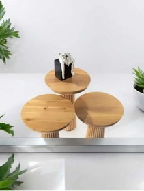Resim Wood Wooden 3 Lü Set Fitilli Mantar Yan Sehpa Modern Ahşap Renk Fiskos Kahverengi 