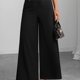 Resim Kadınlar için Şık Düz Renkli Siyah Geniş Paça Pantolon Altın Tonlu Düğme Detaylı - İlkbahar/Yaz İçin Makinede Yıkanabilir Esnemez Pantolonlar, Günlükten Resmi Giyimeye Uygun | Yüksek Bel Pantolonlar | Esneksiz Kumaş, Bayan Pantolonları 