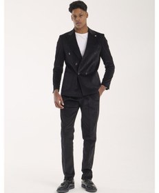Resim Erkek Slim Fit Kalıp Kruvaze Kadife Takım Elbise Siyah 