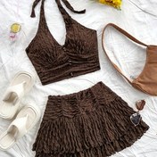 Resim Kadınlar İçin İki Parçalı Set: Dokulu Slim Fit V Yaka Camisole Üst ve Pilili Fırfır Mini Etek, Yazlık Tatil Kıyafeti 